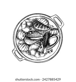 Bouillabaisse vintage drawing. Provence fish soup. Traditional food from France sketch. French restaurant menu design. Hand-drawn food illustration, NOT AI generated