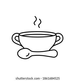 Bouillon. Linear icon of bowl with spoon and hot food. Black simple illustration of broth or clear soup for eatery menu. Contour isolated vector pictogram on white background