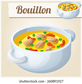Bouillon with meat and vegetables. Detailed Vector Icon. Series of food and drink and ingredients for cooking. 