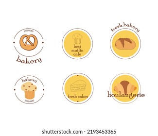 Boulangerie, bakery shop, cafe logo vector design. Bread, croissant, muffin, cake pastry  icons. Wheat, dough elements. Round icons.