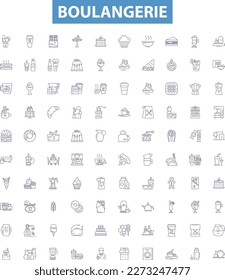 Boulangerie line icons, signs set. Bakery, Patisserie, Bread, Croissant, Cookies, Viennoiserie, Cake, Tart, Macaron outline vector illustrations.