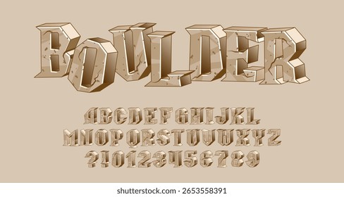Fonte do alfabeto Boulder. Cartão 3D letras, números e símbolos. Tipo de vetor de estoque para seu projeto.