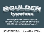 Boulder alphabet font. 3D cracked stone letters, numbers and punctuation. Uppercase and lowercase. Stock vector typescript for your typography design.