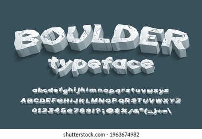 Boulder alphabet font. 3D cracked stone letters, numbers and punctuation. Uppercase and lowercase. Stock vector typescript for your typography design.