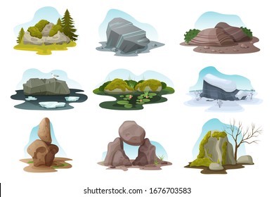 Conjunto de ilustraciones vectoriales aisladas de piedra de roca y roca. Dibujo de diferentes montones de rocas de textura multicolores con musgo, hierba y árboles en todas las temporadas naturales, paisaje natural rocoso con piedras