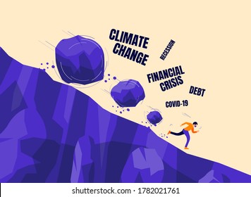 Boulder rocks crisis rolling down on a run away man with face mask from steep mountain hill slope. Covid, coronavirus, financial recession, climate change. Vector concept personal bankruptcy problem.