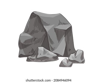 Boulder and stone fragments. Heavy solid bowlder. Big rough rock formation. Geology drawing of mountain rubble and pieces. Realistic hand-drawn vector illustration isolated on white background