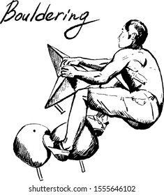 Bouldering. Climbing man practicing rock-climbing on a rock wall indoors. Sketch hand drawn illustration.