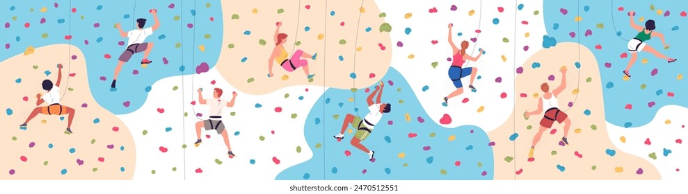 Bouldering gym. People climbers grip rock cliff wall indoor climbing park, climber training exercise extreme sport hobby leadership athlete challenge, classy vector illustration