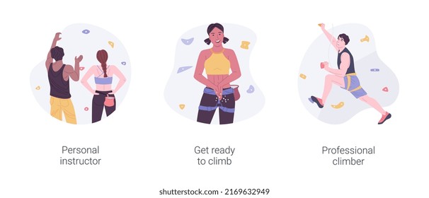 Bouldering isolated cartoon vector illustrations set. Personal climbing instructor, athlete in special equipment ready for bouldering, extreme sport achievement, physical activity vector cartoon.