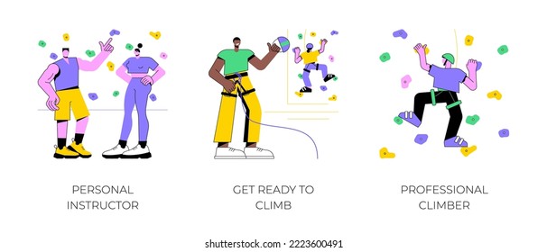 Bouldering isolated cartoon vector illustrations set. Personal climbing instructor, athlete in special equipment ready for bouldering, extreme sport achievement, physical activity vector cartoon.