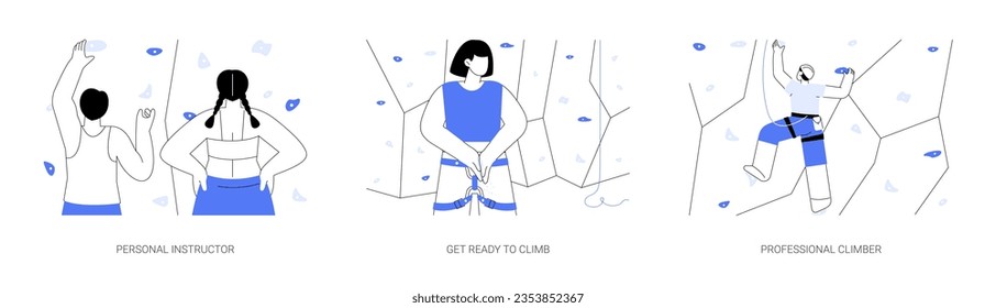 Bouldering isolated cartoon vector illustrations set. Personal climbing instructor, athlete in special equipment ready for bouldering, extreme sport achievement, physical activity vector cartoon.