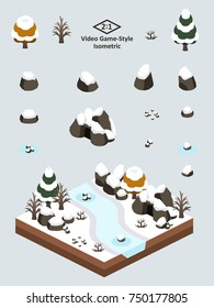 Boulders, rocks, and cave set for video game-type isometric first-snow after autumn forest scene..