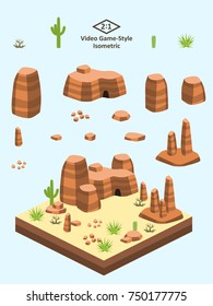 Boulders, rocks, and rock formations set for video game-type isometric American desert scene.