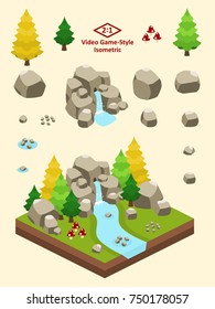 Boulders, rocks, and rock formations set for video game-type isometric boreal forest scene.