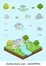 Boulders, rocks, and waterfall set for video game-type isometric grassland scene.