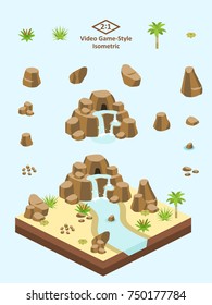 Boulders, Rocks, And Waterfall Set For Video Game-type Isometric Saharan/Arabian Desert Scene.