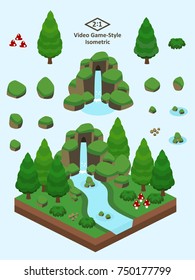 Boulders, Rocks, And Waterfall Set For Video Game-type Isometric Evergreen Coniferous Forest Scene.