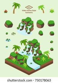 Boulders, Rocks, And Waterfall Set For Video Game-type Isometric Tropical Forest Scene.