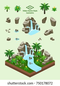 Boulders, Rocks, And Waterfall Set For Video Game-type Isometric Prehistoric Ferns And Cycads Forest Scene.