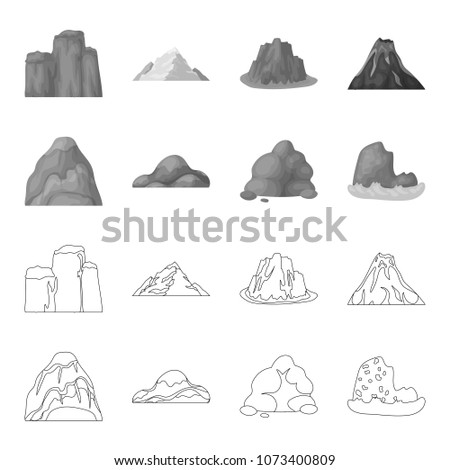 Boulders, a rounded mountain, rocks in the sea. Different mountains set collection icons in outline,monochrome style vector symbol stock illustration web.