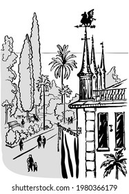 Boulevard of the resort town with a fragment of the wall and the roof of the house. Black and white line graphics.