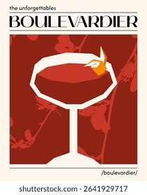 Boulevardier cocktail. Vector illustration of classic alcoholic drink with bourbon. Poster with elegant cocktail garnished with orange peel. Contemporary poster for bar, restaurants and menu.