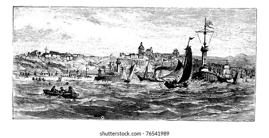 Boulogne-sur-Mer, city, France vintage engraving. Old engraved illustration of ships on the sea nearBoulogne-sur-Mer, France, in the 1890s. Trousset Encyclopedia