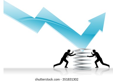 Bounce Back Business-Team Of Businessmen Positioning Coil Spring Of The Dropping Line Graph