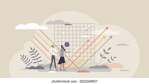 Bounce back from economical crisis with financial growth tiny person concept. Business development and success after recession and problems vector illustration. Company confidence and determination.