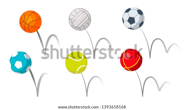 Bounce Balls Sport Playing Equipment Set\
Vector. Basketball And Soccer Or Football, Volleyball And Tennis\
Game Accessories Bounce With Trajectory Grey Line. Colorful Flat\
Cartoon Illustration