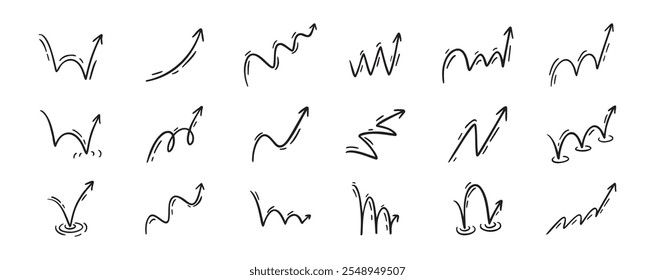 Conjunto de rabiscos de setas de efeito de salto. Mangá e quadrinhos stile flecha elementos de design. Trajetória de salto de bola, expressão de movimento de bola. Ilustração vetorial