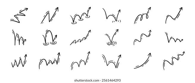 Bounce effect arrows doodle set. Manga and comic stile arrow design elements. Ball jump trajectory, ball motion expression. Vector illustration