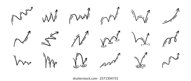 Bounce effect arrows doodle set. Manga and comic stile arrow design elements. Ball jump trajectory, ball motion expression. Vector illustration