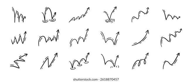Bounce effect arrows doodle set. Manga and comic stile arrow design elements. Ball jump trajectory, ball motion expression. Vector illustration