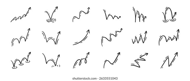 Bounce effect arrows doodle set. Manga and comic stile arrow design elements. Ball jump trajectory, ball motion expression. Vector illustration