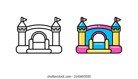 Bounce house icons for kids summer games on playground or indoor, family parties. Children's inflatable trampoline design. Vector outline and colorful illustrations isolated on white background