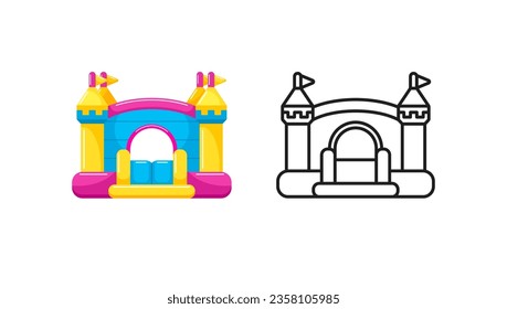 Bounce house, inflatable castle for jumping, icons for games on playground or indoor, kids zone, children's trampoline center, family parties. Vector outline and flat cartoon colorful illustrations