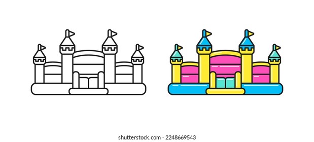 Bounce house, inflatable trampoline icons for children's games on playground or indoor, kids zone, family parties. Vector outline and colorful illustrations for coloring on white background