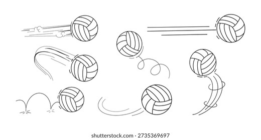 Bounced ball comic manga effect, doodle line hand drawn ball jump trajectory, ball motion expression. Sketch movement.