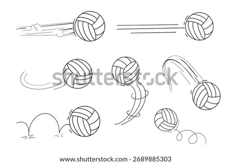 Bounced ball comic manga effect, doodle line hand drawn ball jump trajectory, ball motion expression. Sketch movement.