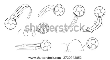 Bounced ball comic manga effect, doodle line hand drawn ball jump trajectory, ball motion expression. Sketch movement.