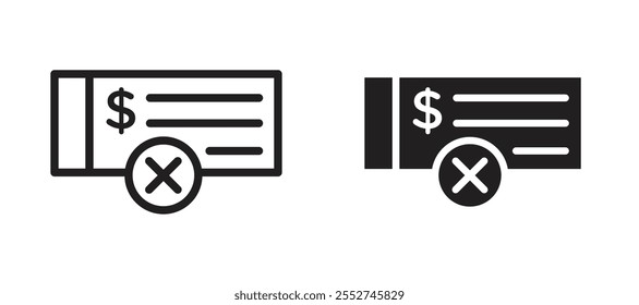 Conjunto de iconos de Vector de cheque rebotado con estilo relleno y delineado en negro.