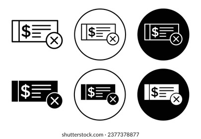 Bounced cheque or check symbol set. Dishonored check bounce due to bankruptcy icon logo. Rejected bounced check from bank line vector.