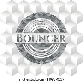 Bouncer realistic grey emblem with geometric cube white background