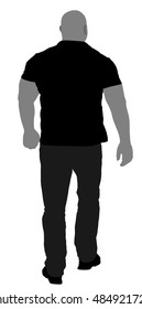 Bouncer walking vector silhouette illustration. Security Guards nightclub. Strong man walking. Body builder back view. Tough guy muscular boy.