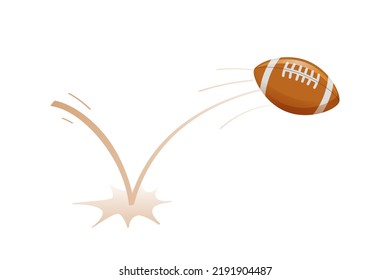 Bouncing American football game ball with trajectory jumps on the ground. Rugby accessories. Bounce ball. Sport playing equipment. Inflatable football game symbol. Flat vector isolated design element