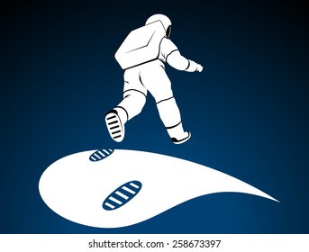 Bouncing astronaut over surface of planet. Moving spaceman and his footprints. Qualitative vector illustration for space technology, cosmos, exploration, cosmonautics, science, etc