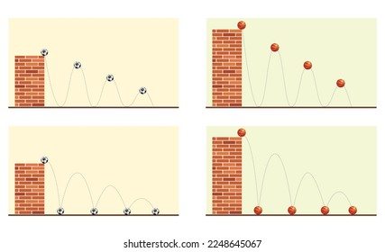 Bozamiento de una bola que cae desde diferentes alturas en la física. La bola de la física cae desde la altura. Reacción - Movimiento de acción. Las leyes de movimiento de Newton. Movimiento de disparo vertical. 
