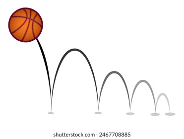 Bouncing ball, graph in physics. Projectile motion, parabolic curve trace silhouette. Basketball ball movement. Sport, gravity vector illustration

